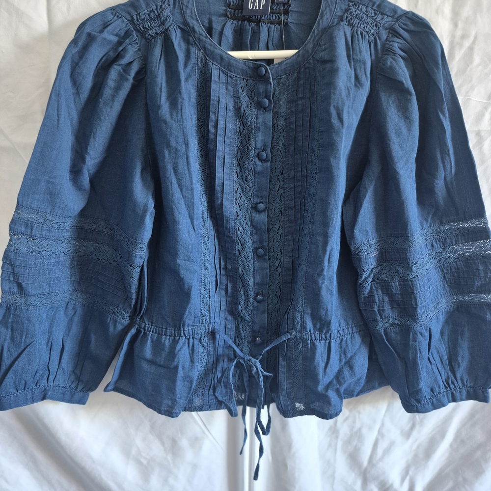 GAP Indigo Blue Lace-Trim  Pintuck Top